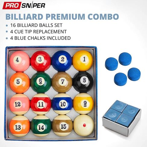 كرات البلياردو Prosniper - مجموعة 16 كرة بلياردو ممتازة تتضمن 4X أطراف جديلة و4X طباشير أزرق مقاس 6 أونصة و2.25 بوصة I ملحقات طاولة البلياردو للمبتدئين والمحترفين، مصنوعة من الراتنج النقي in Kuwait