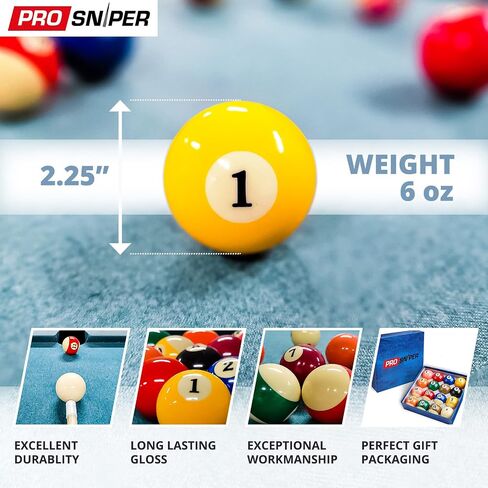 كرات البلياردو Prosniper - مجموعة 16 كرة بلياردو ممتازة تتضمن 4X أطراف جديلة و4X طباشير أزرق مقاس 6 أونصة و2.25 بوصة I ملحقات طاولة البلياردو للمبتدئين والمحترفين، مصنوعة من الراتنج النقي in Kuwait