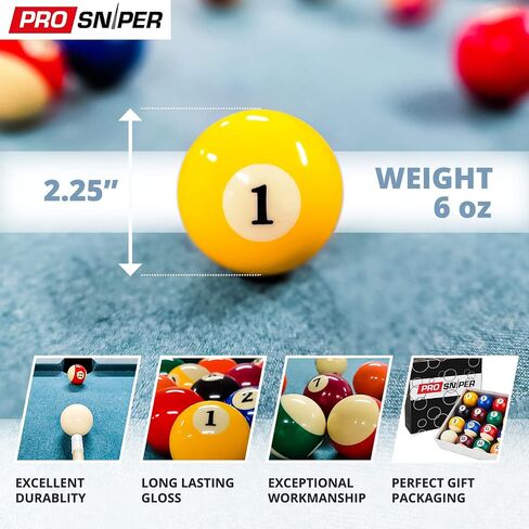 كرات البلياردو Prosniper - مجموعة 16 كرة بلياردو ممتازة تتضمن 4X أطراف جديلة و4X طباشير أزرق مقاس 6 أونصة و2.25 بوصة I ملحقات طاولة البلياردو للمبتدئين والمحترفين، مصنوعة من الراتنج النقي in Kuwait