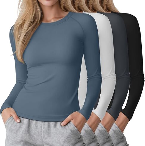4 Pack Womens Compression Long Sleeve Shirts Crew Neck Yoga Tops Slim Fit Workout Basic T Shirt Gym Sports in Saudi Arabia