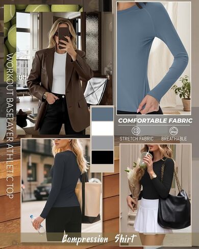 4 Pack Womens Compression Long Sleeve Shirts Crew Neck Yoga Tops Slim Fit Workout Basic T Shirt Gym Sports in Saudi Arabia