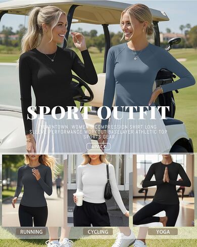 4 Pack Womens Compression Long Sleeve Shirts Crew Neck Yoga Tops Slim Fit Workout Basic T Shirt Gym Sports in Saudi Arabia