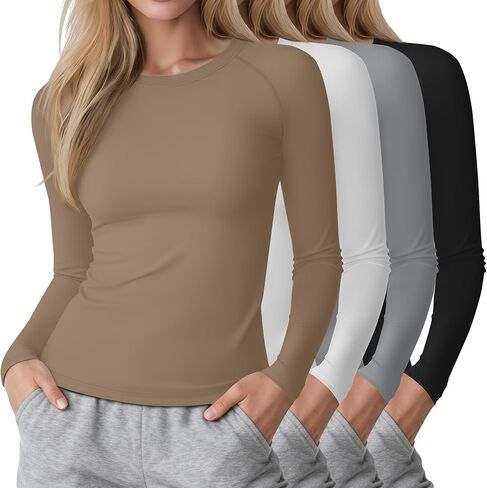 4 Pack Womens Compression Long Sleeve Shirts Crew Neck Yoga Tops Slim Fit Workout Basic T Shirt Gym Sports in Saudi Arabia