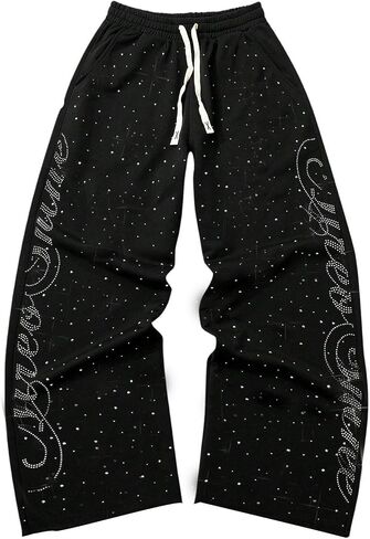 SOLY HUX Men's Baggy Sweatpants Y2k Sparkly Rhinestone Drawstring Elastic Waist Wide Leg Loose Pants Streetwear in Saudi Arabia
