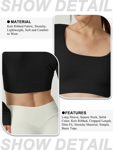 Women Square Neck Long Sleeve Cropped Sports Top Seamless Slim Fit Workout Shirt in Saudi Arabia