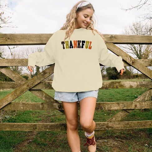 Thanksgiving Sweatshirts for Women Chenille Thankful Sweatshirt Fall Colorful Letter Print Pullover Oversized Tops in Kuwait