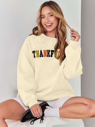 Thanksgiving Sweatshirts for Women Chenille Thankful Sweatshirt Fall Colorful Letter Print Pullover Oversized Tops in Kuwait