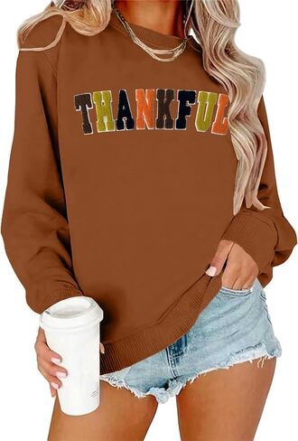 Thanksgiving Sweatshirts for Women Chenille Thankful Sweatshirt Fall Colorful Letter Print Pullover Oversized Tops in Kuwait