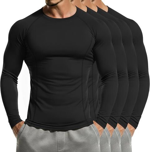 Neer 4 Pcs Mens Compression Shirts Raglan Long Sleeve Slim Fit Crew Neck Tops Workout Athletic Cool Dry Base Layer Gym Tees in Saudi Arabia