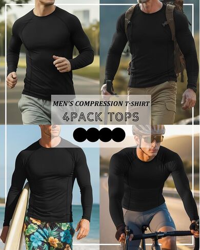 Neer 4 Pcs Mens Compression Shirts Raglan Long Sleeve Slim Fit Crew Neck Tops Workout Athletic Cool Dry Base Layer Gym Tees in Saudi Arabia