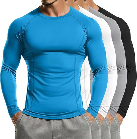 Neer 4 Pcs Mens Compression Shirts Raglan Long Sleeve Slim Fit Crew Neck Tops Workout Athletic Cool Dry Base Layer Gym Tees in Saudi Arabia