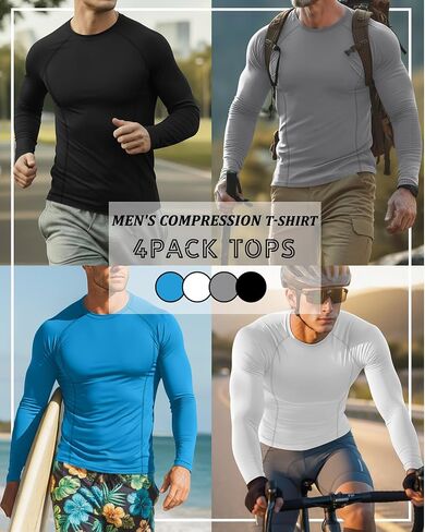 Neer 4 Pcs Mens Compression Shirts Raglan Long Sleeve Slim Fit Crew Neck Tops Workout Athletic Cool Dry Base Layer Gym Tees in Saudi Arabia