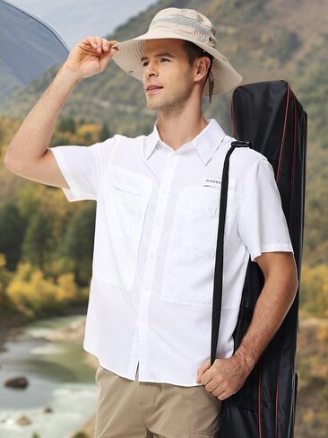 Men's Lightweight UPF 50+ Sun Protection Fishing Hiking Shirts Short Sleeve Button Down Shirt with Zipper Pockets in Saudi Arabia