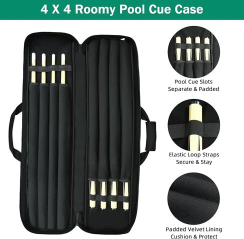 حقيبة AUMTISC Pool Cue Stick مقاس 4x4، حافظة عصا البلياردو مبطنة ناعمة مع أشرطة حقيبة الظهر، حزام حبال ومقبض للحمل، جيوب متعددة لـ 4 أعقاب، 4 أعمدة وملحقات in Kuwait