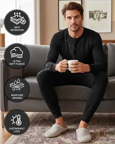 Patelai 2 Pack Mens Thermal Underwear Set Fleece Lined Underwear Shirt and Pants Set Base Layer Top and Bottom Cold Weather in Saudi Arabia