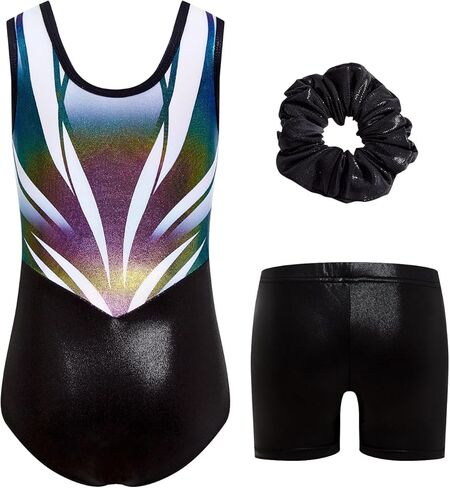 JiAmy Gymnastics Leotards for Girls Sparkly Ballet Dance Outfits with Shorts Scrunchie 3 Piece Set 3-12Y in Kuwait