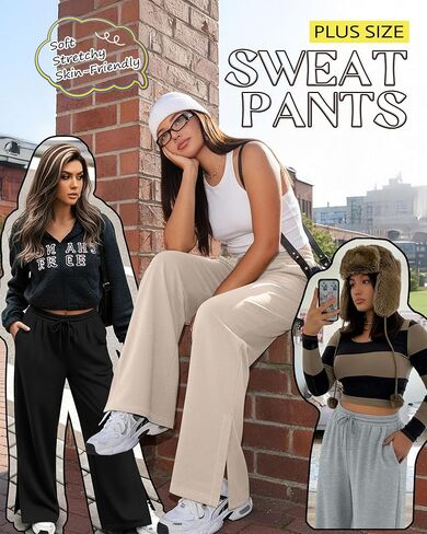 Neer 3 Pcs Womens Plus Size Sweatpants Wide Leg Drawstring Lounge Pants Side Slit Elastic Waist Workout Trousers with Pockets in Saudi Arabia