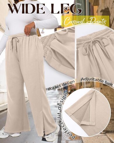 Neer 3 Pcs Womens Plus Size Sweatpants Wide Leg Drawstring Lounge Pants Side Slit Elastic Waist Workout Trousers with Pockets in Saudi Arabia