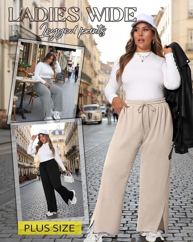 Neer 3 Pcs Womens Plus Size Sweatpants Wide Leg Drawstring Lounge Pants Side Slit Elastic Waist Workout Trousers with Pockets in Saudi Arabia