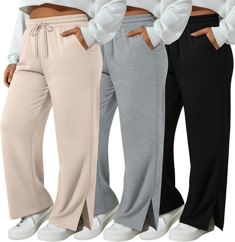 Neer 3 قطعة المرأة حجم كبير Sweatpants واسعة الساق الرباط بنطلون طويل وواسع الجانب الشق مرونة الخصر تجريب بنطلون مع جيوب in Saudi Arabia