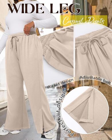 Neer 3 قطعة المرأة حجم كبير Sweatpants واسعة الساق الرباط بنطلون طويل وواسع الجانب الشق مرونة الخصر تجريب بنطلون مع جيوب in Saudi Arabia