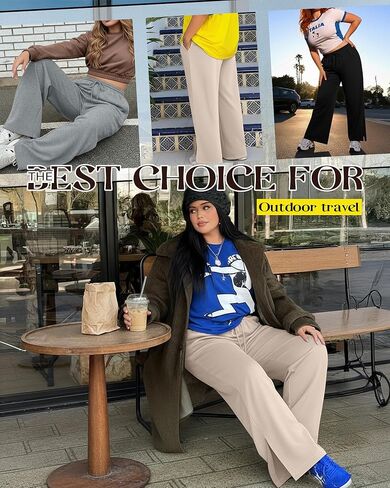 Neer 3 قطعة المرأة حجم كبير Sweatpants واسعة الساق الرباط بنطلون طويل وواسع الجانب الشق مرونة الخصر تجريب بنطلون مع جيوب in Saudi Arabia