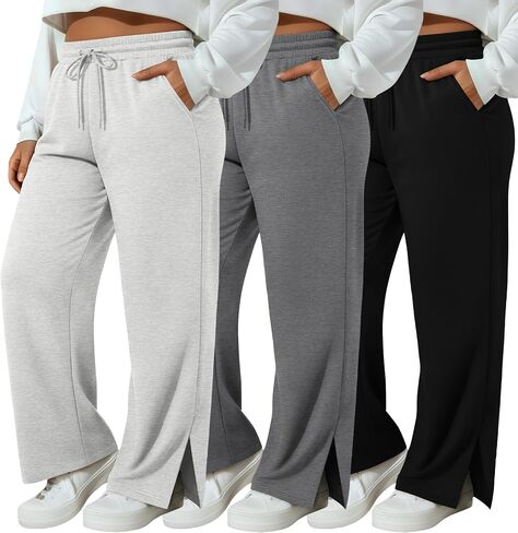 Neer 3 Pcs Womens Plus Size Sweatpants Wide Leg Drawstring Lounge Pants Side Slit Elastic Waist Workout Trousers with Pockets in Saudi Arabia