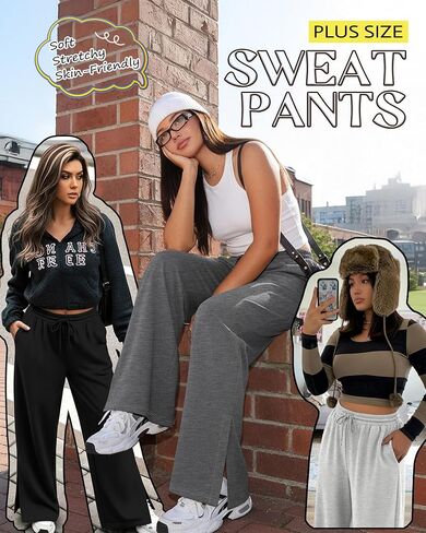 Neer 3 Pcs Womens Plus Size Sweatpants Wide Leg Drawstring Lounge Pants Side Slit Elastic Waist Workout Trousers with Pockets in Saudi Arabia