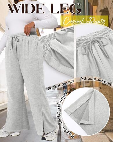 Neer 3 Pcs Womens Plus Size Sweatpants Wide Leg Drawstring Lounge Pants Side Slit Elastic Waist Workout Trousers with Pockets in Saudi Arabia