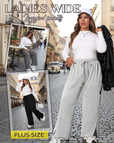 Neer 3 Pcs Womens Plus Size Sweatpants Wide Leg Drawstring Lounge Pants Side Slit Elastic Waist Workout Trousers with Pockets in Saudi Arabia