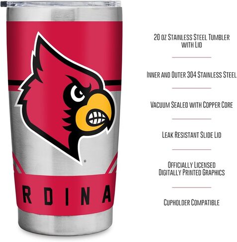 كوب من الفولاذ المقاوم للصدأ مع غطاء سعة 20 أونصة من Rico Industries NCAA Louisville Cardinals - رائع للقهوة أو الشاي أو الماء أو الكوكتيلات in Saudi Arabia