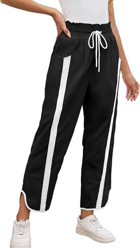 Womens Wide Leg Pants Baggy Drawstring Elastic Waist Stripe Pants in Saudi Arabia