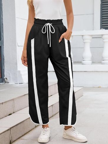 Womens Wide Leg Pants Baggy Drawstring Elastic Waist Stripe Pants in Saudi Arabia