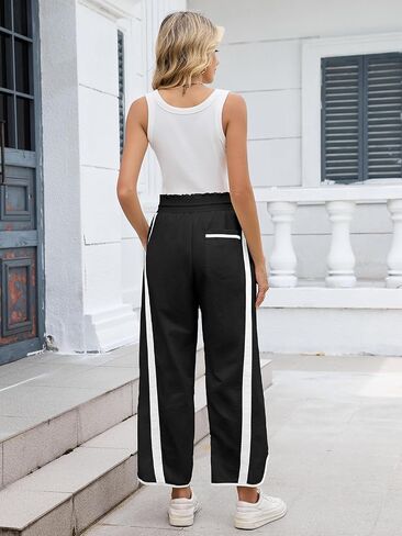 Womens Wide Leg Pants Baggy Drawstring Elastic Waist Stripe Pants in Saudi Arabia