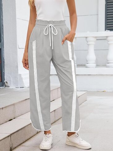 Womens Wide Leg Pants Baggy Drawstring Elastic Waist Stripe Casual Track Pants in Saudi Arabia