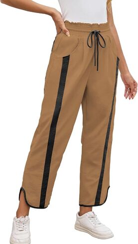 Womens Wide Leg Pants Baggy Drawstring Elastic Waist Stripe Pants in Saudi Arabia