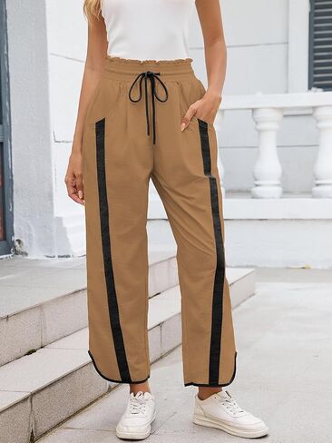 Womens Wide Leg Pants Baggy Drawstring Elastic Waist Stripe Pants in Saudi Arabia