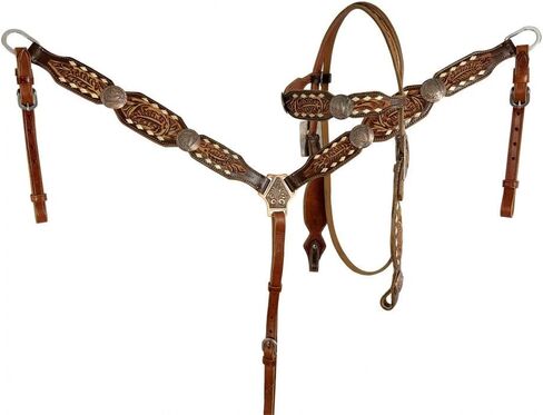 Showman Tooled Leather Headstall & Breast Collar Set w/Buckstitch Trim in Saudi Arabia