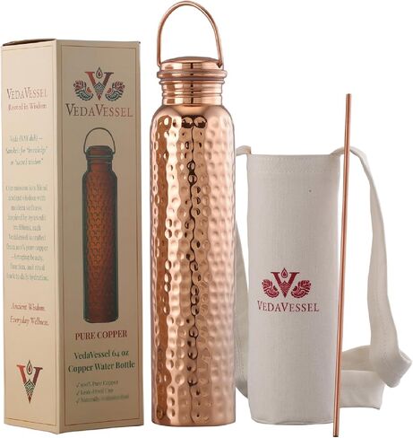 100% Pure Copper Water Bottle 64 oz with Handle, Lid, Carrying Bag & Straw - Hammered Ayurvedic Copper Water Jug 2L in Saudi Arabia