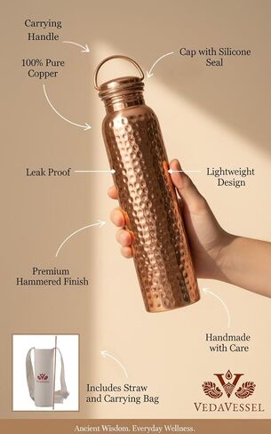 100% Pure Copper Water Bottle 64 oz with Handle, Lid, Carrying Bag & Straw - Hammered Ayurvedic Copper Water Jug 2L in Saudi Arabia