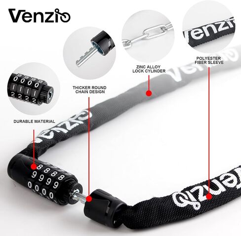 قفل سلسلة دراجة مكون من 4 أرقام من Venzio، بدون مفتاح 4 مم × 900 مم (3FT) قفل أمان مضاد للسرقة للدراجات، الدراجة الإلكترونية، السكوتر، السياج، البوابة، الباب، مع قلب من سبائك الزنك وغطاء من القماش in Kuwait