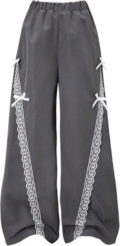 Girl's Baggy Sweatpants Y2k Cute Lace Trim Bowknot Wide Leg Elastic Waist Track Pants in Saudi Arabia