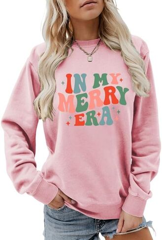 Women's Christmas Sweatshirt In My Merry Era Letter Print Long Sleeve Crew Neck Graphic Pullover Top Holiday Shirt in Kuwait