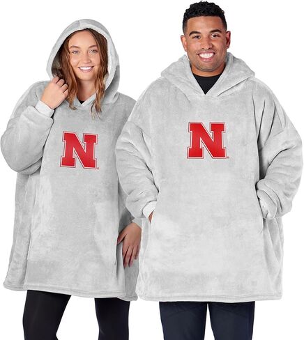 Northwest NCAA Nebraska Cornhuskers Hoodler Oversized Sherpa Pullover Hoodie with Embroidered Logo, Plush Wearable Blanket Sweatshirt, Soft Fleece with Front and Back Designs, Heather Grey in Saudi Arabia