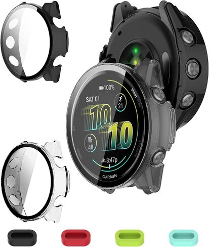 واقي شاشة لحافظة Garmin Forerunner 970 - [شفاف + أسود] [1+1 قطعة] + مقابس سيليكون مضادة للغبار [4 قطع]، غطاء واقٍ للكمبيوتر الشخصي مع زجاج مقسى مدمج 9H، ملحقات غطاء الوجه in Saudi Arabia