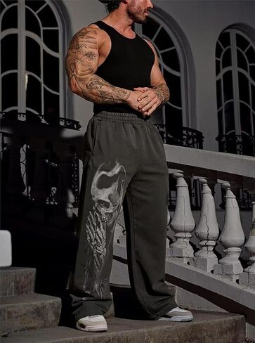 بنطال رياضي برسوم جرافيك للرجال على طراز Gothic Punk Streetwear Joggers Gym Workout Lounge Pants مع جيوب in Kuwait