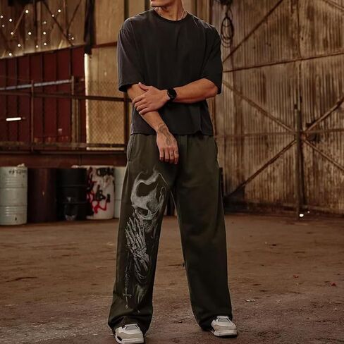 بنطال رياضي برسوم جرافيك للرجال على طراز Gothic Punk Streetwear Joggers Gym Workout Lounge Pants مع جيوب in Kuwait