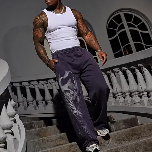 بنطال رياضي برسوم جرافيك للرجال على طراز Gothic Punk Streetwear Joggers Gym Workout Lounge Pants مع جيوب in Kuwait