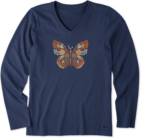 Life is Good. Women's Autumn Butterfly Long Sleeve Crusher Vee, Darkest Blue in Saudi Arabia