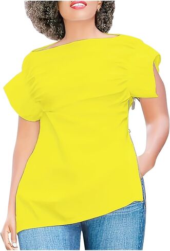 Dressy Blouse for Women Asymmetrical Neckline Short Sleeve Tops Summer Loose Casual Tshirts with Zip Up Side Slit in Saudi Arabia
